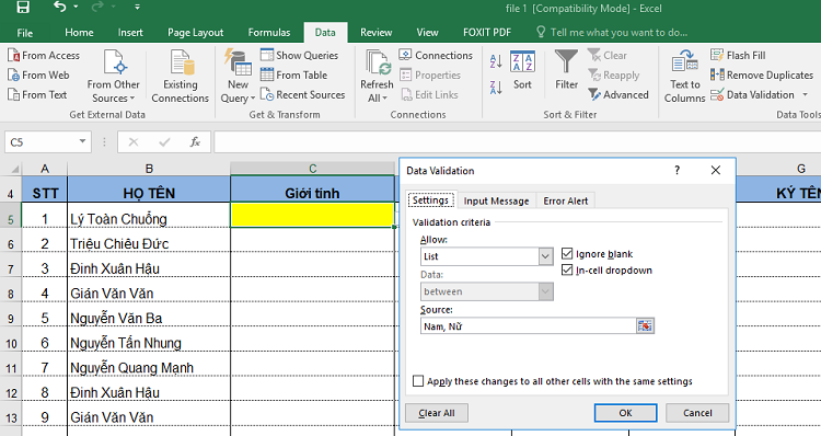 Cách tạo list excel drop down xổ xuống lựa chọn nhờ chức năng Data Validation