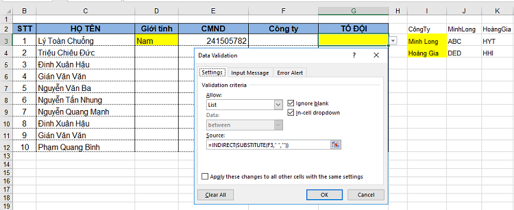 Cách tạo list excel drop down xổ xuống lựa chọn nhờ chức năng Data Validation