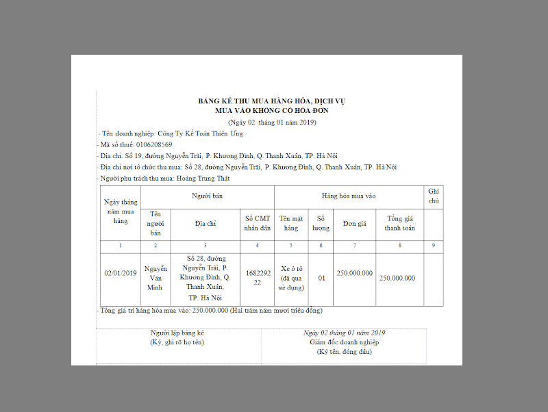 Cách lập mẫu bảng kê mua hàng không có hoá đơn excel mới nhất