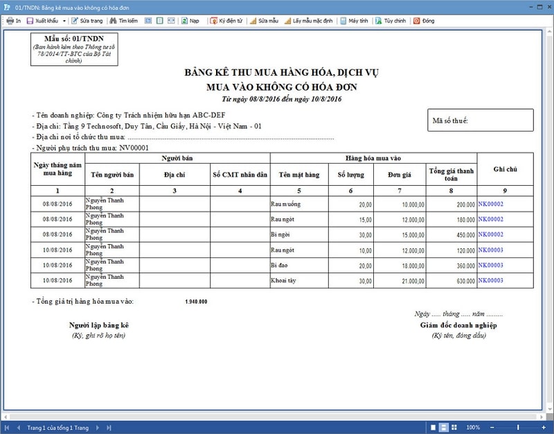 Cách lập mẫu bảng kê mua hàng không có hoá đơn excel mới nhất