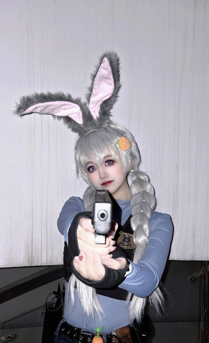 Ảnh dáng ngồi thỏ cosplay thể hiện sự dễ thương rõ nét