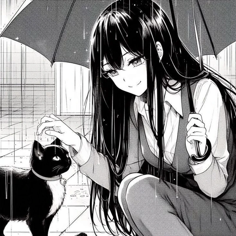 Hình ảnh anime trắng đen thư giãn với nụ cười nhẹ