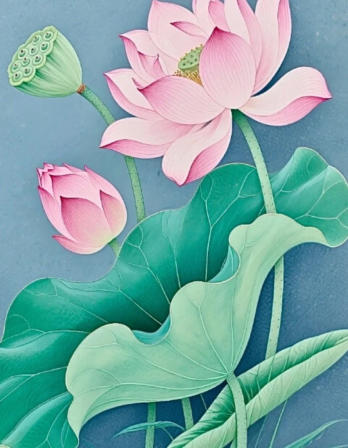 Khung cảnh ao làng qua tranh vẽ hoa sen
