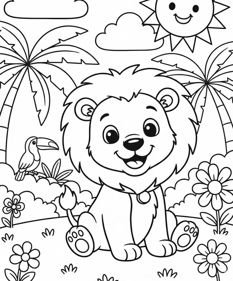 ảnh tô màu con sư tử dưới hàng cây dừa