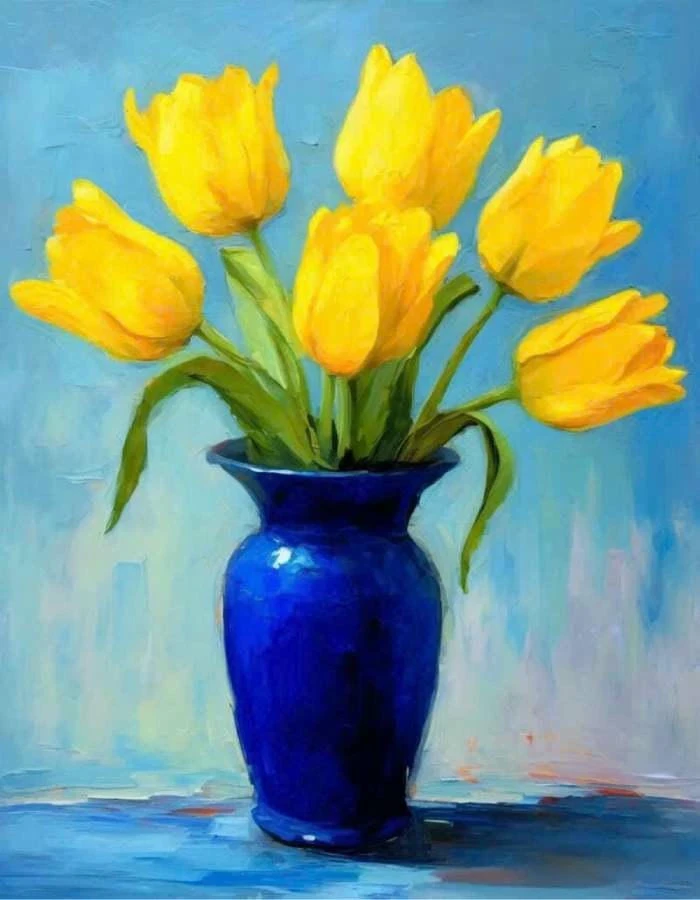 bình gốm xanh hoa vàng tranh tĩnh vật hoa tulip