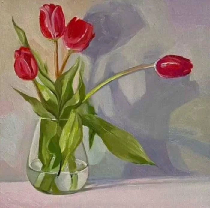bình thủy tinh trong vẽ tranh tĩnh vật hoa tulip