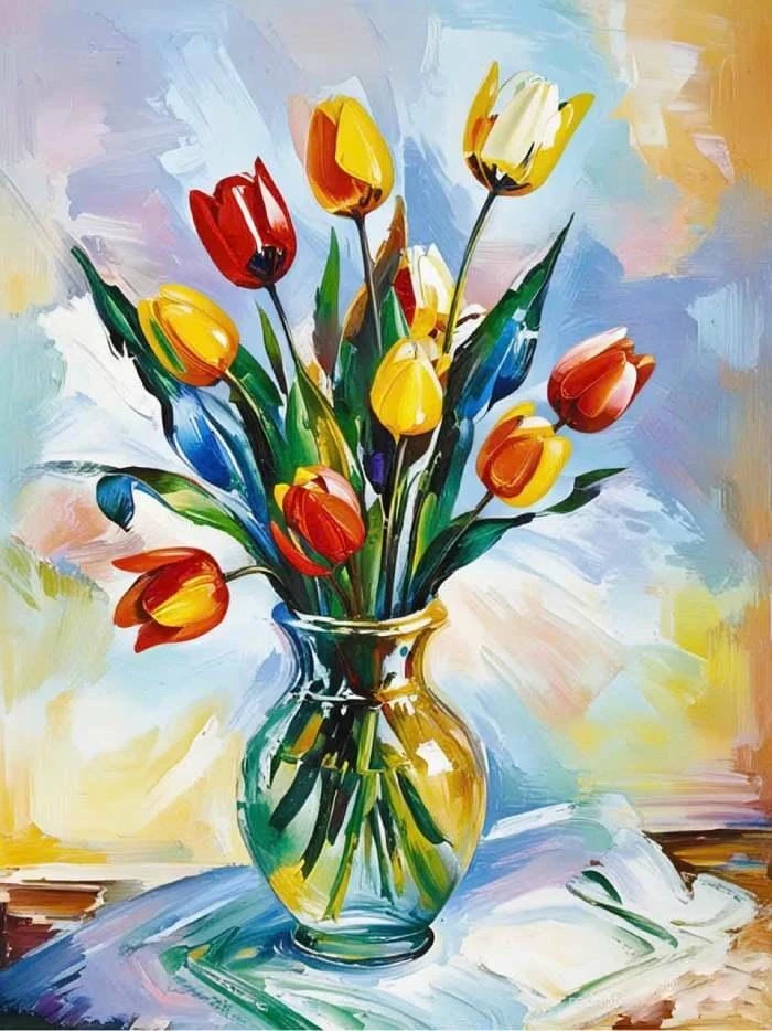 bức họa vẽ tranh tĩnh vật hoa tulip màu dịu