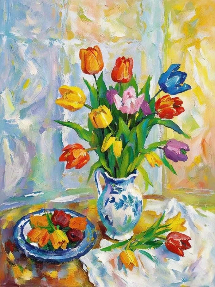chủ đề vẽ tranh tĩnh vật hoa tulip phong cách nhẹ