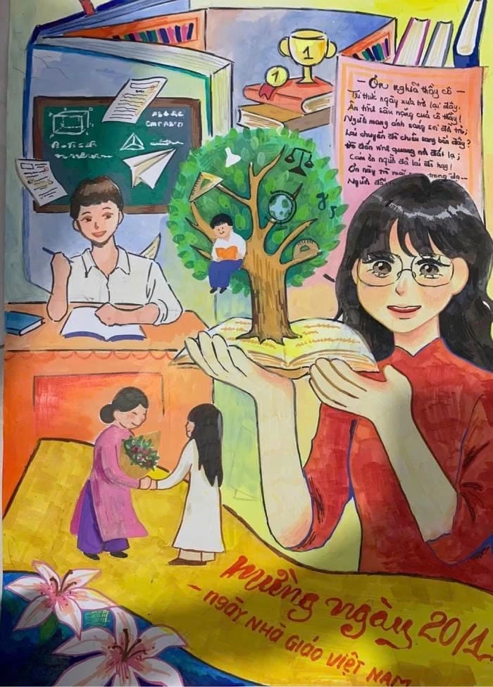 cô đứng giảng bài trong tranh vẽ nghề giáo viên