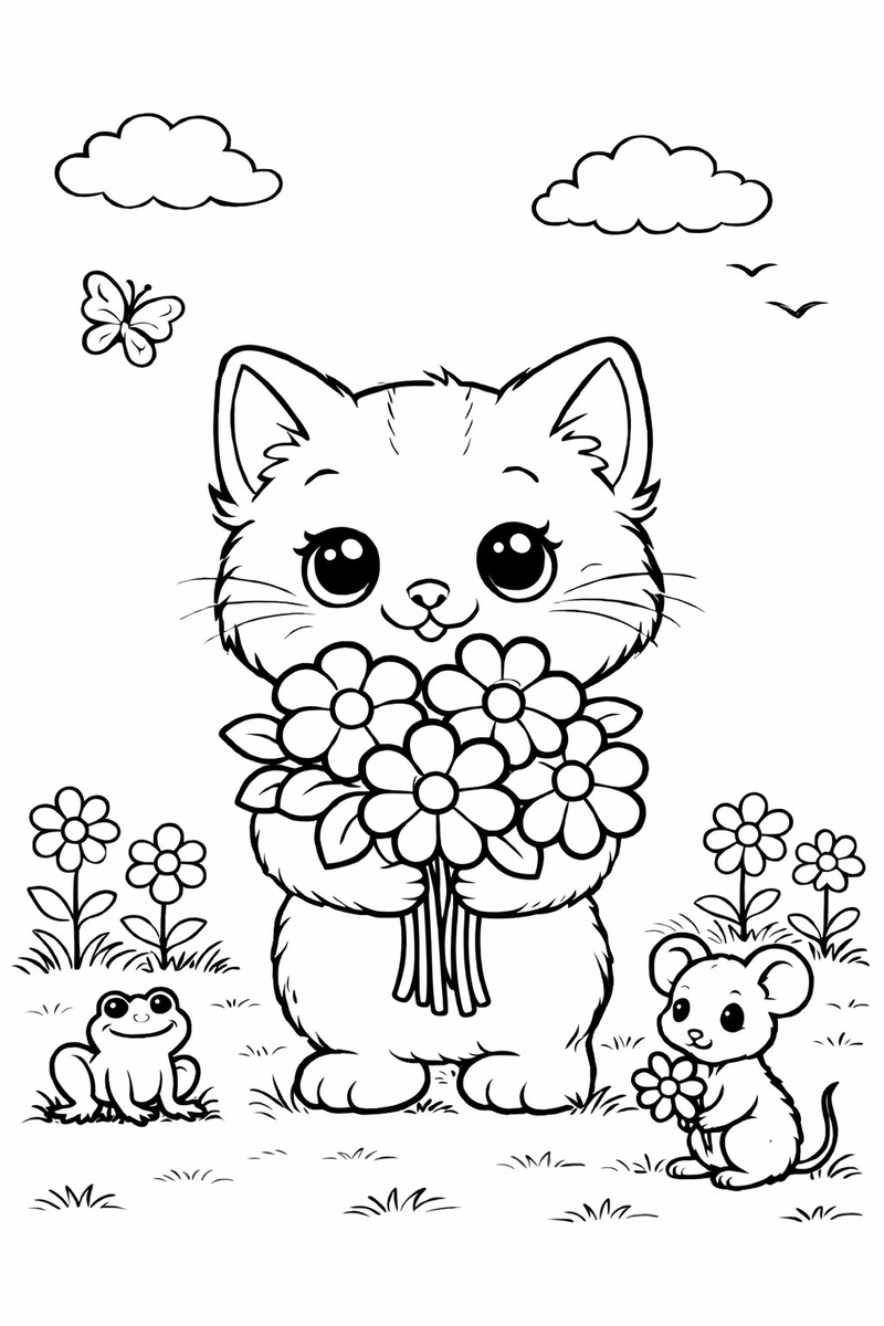 hình tô màu con mèo và hoa xinh