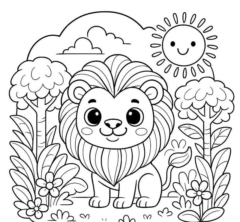 hình tô màu con sư tử trong vườn hoa tươi