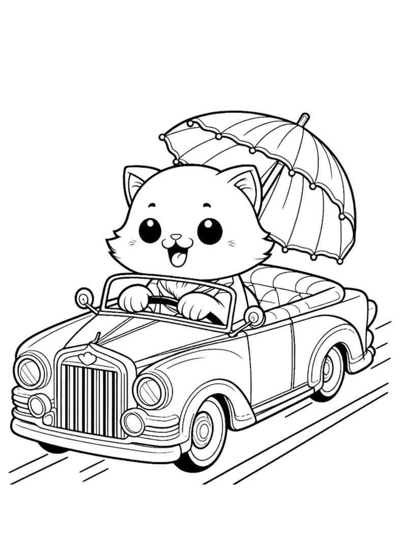 hình tranh tô màu con mèo lái ô tô