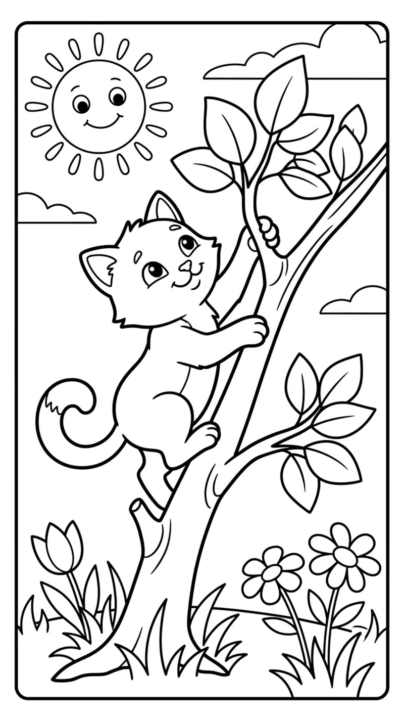 hình tranh tô màu con mèo leo cây