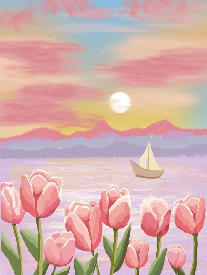 hình vẽ hoa tulip tạo không gian yên bình