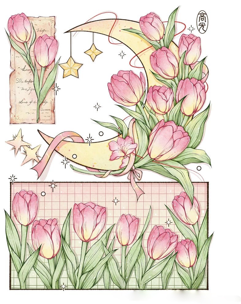 không gian nghệ thuật với tranh vẽ hoa tulip