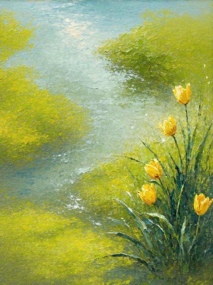 không gian xanh mát tranh vẽ vườn hoa tulip