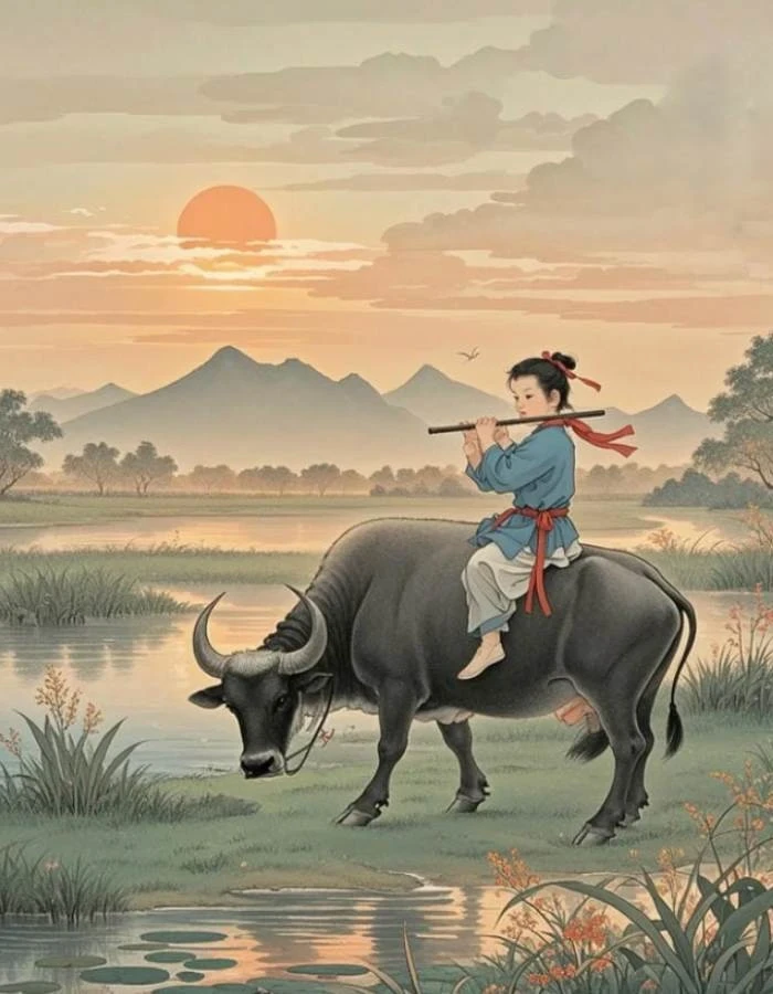 làng quê hiện lên trong phong cảnh quê hương tranh vẽ