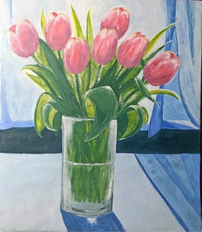 lọ hoa thủy tinh nền xám vẽ tranh tĩnh vật hoa tulip