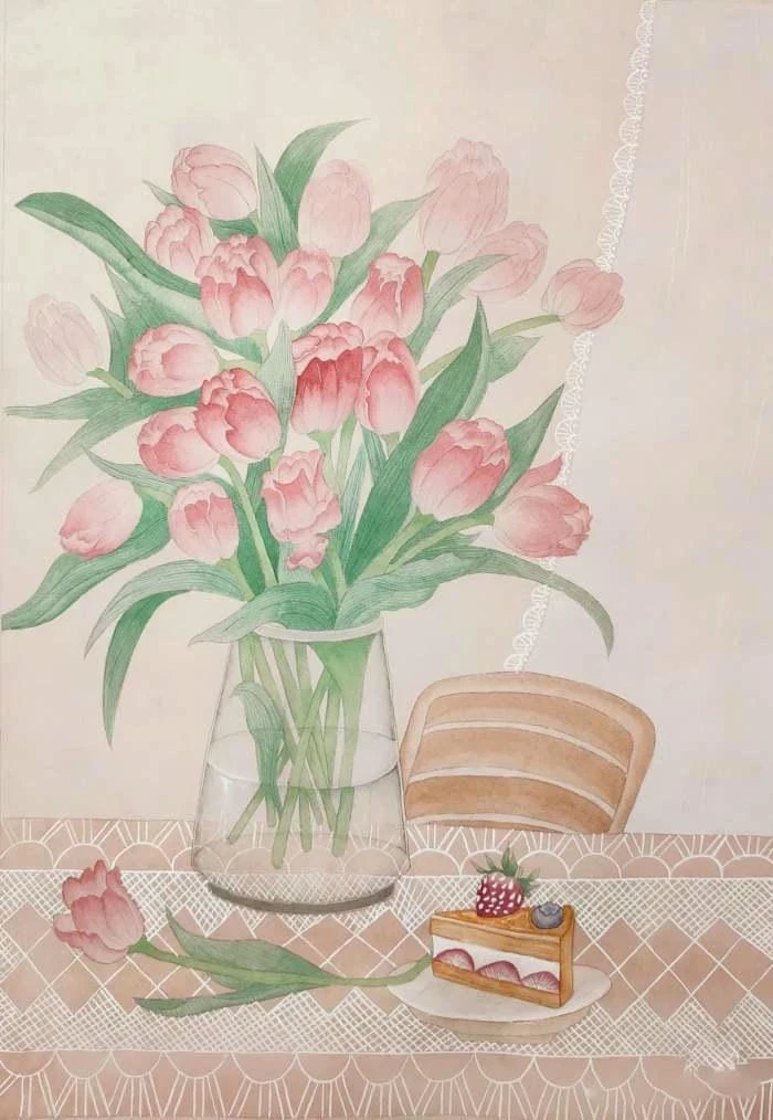 phong cách tranh tĩnh vật hoa tulip nhẹ nhàng
