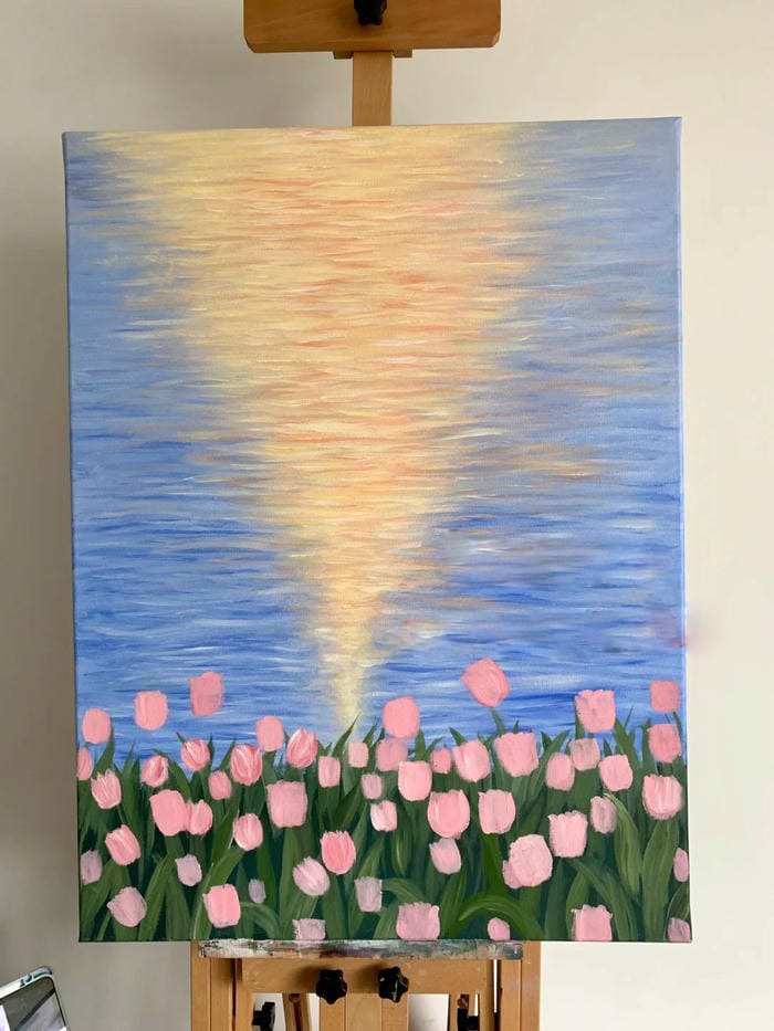 phong cảnh rộng lớn trong tranh vẽ cánh đồng hoa tulip