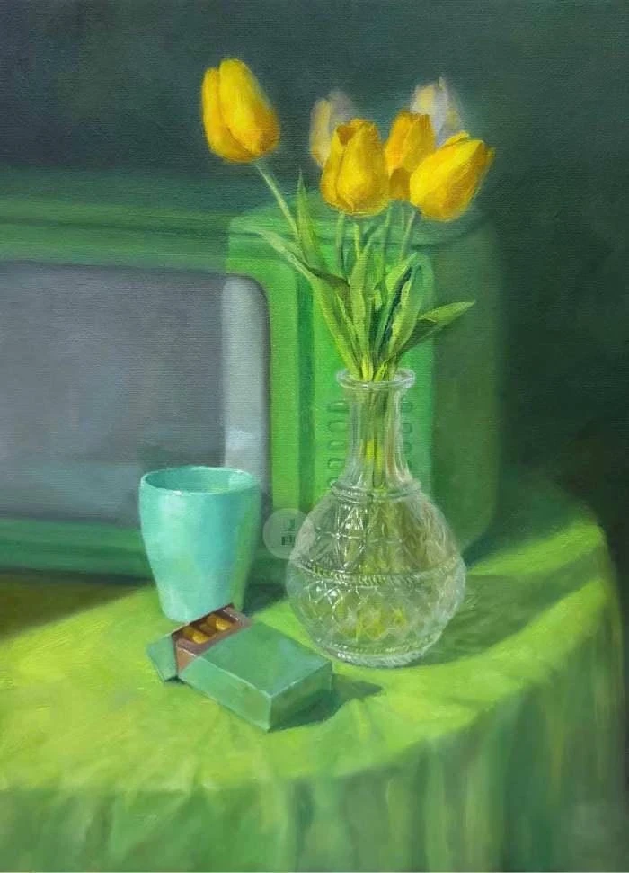 tác phẩm tranh tĩnh vật hoa tulip mang cảm giác yên