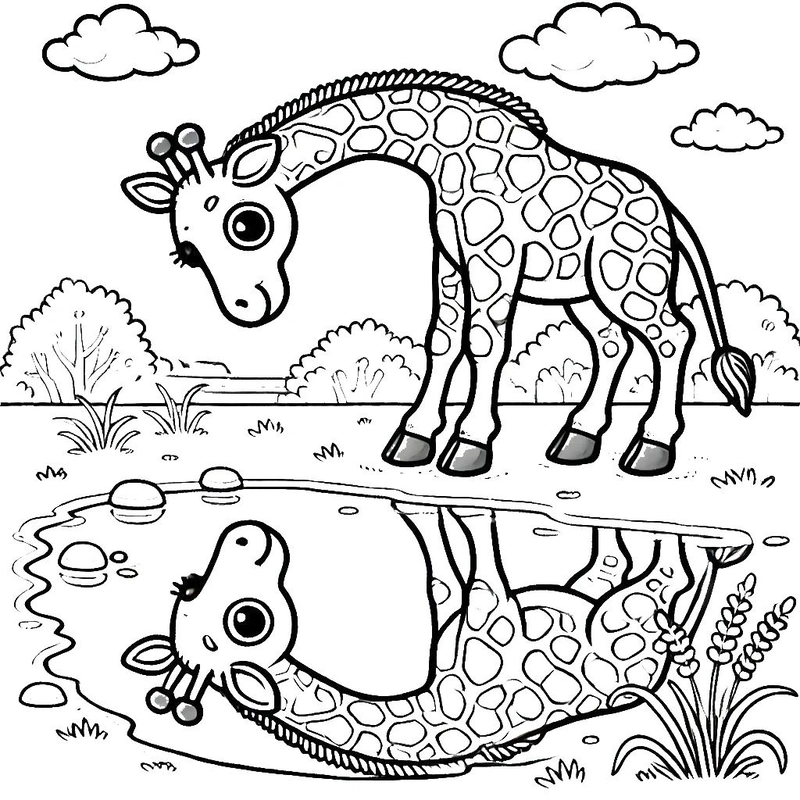 tô màu hươu cao cổ ngắm mình dưới nước