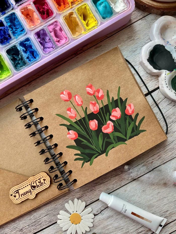 trang trí góc học tập hoa tulip tranh vẽ