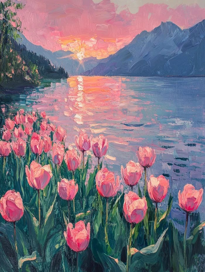 trang trí phòng ngủ bằng hoa tulip tranh vẽ