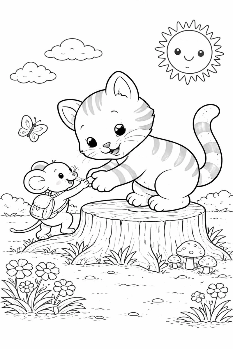 tranh tô màu con mèo và chuột con