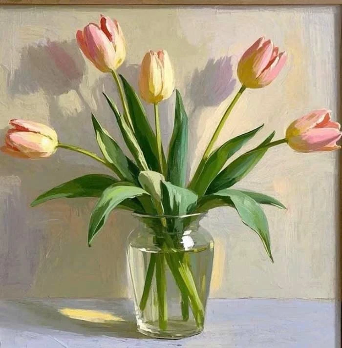tranh tĩnh vật hoa tulip bình hoa trong sáng
