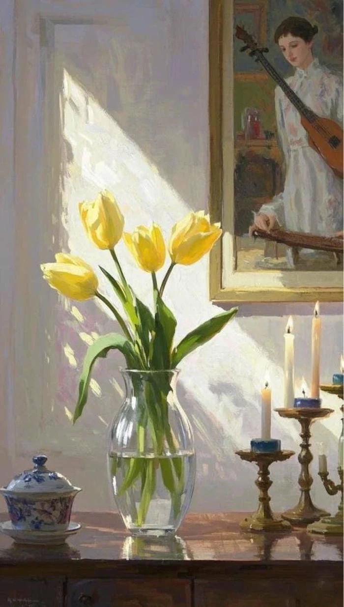 tranh tĩnh vật hoa tulip bố cục gọn gàng