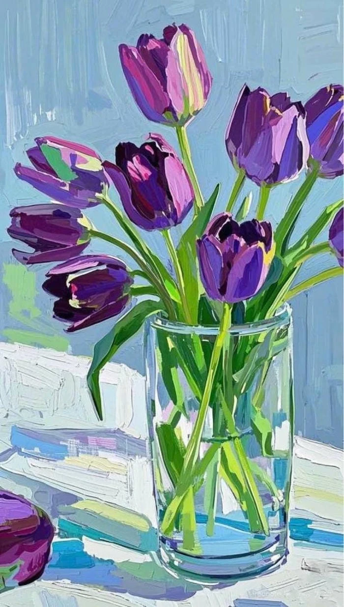 tranh tĩnh vật hoa tulip cánh hoa khép