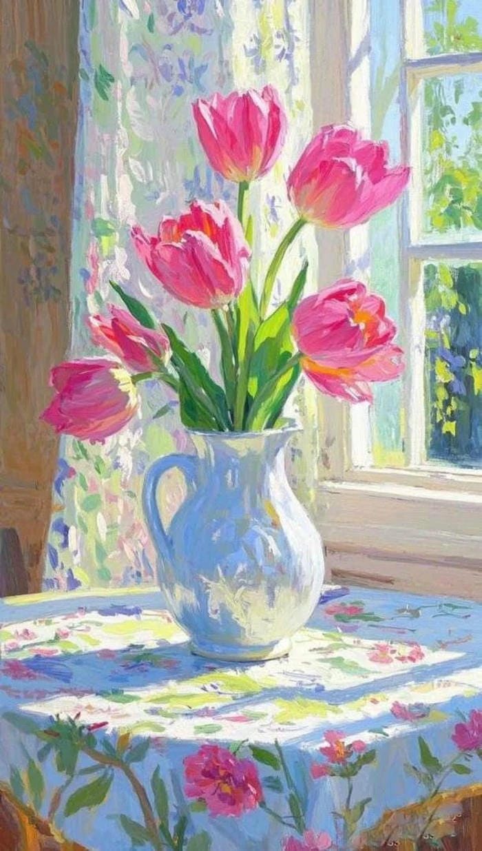 tranh tĩnh vật hoa tulip sắc hồng dịu