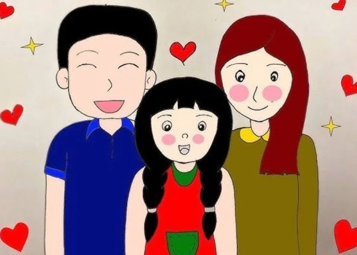 tranh vẽ gia đình ấm áp trong khung nhà