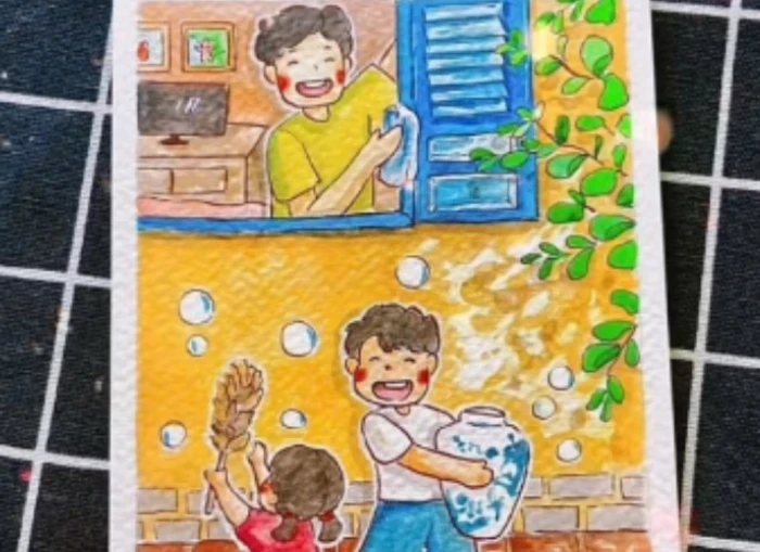 tranh vẽ gia đình gợi nhớ dọn nhà cửa đón tết