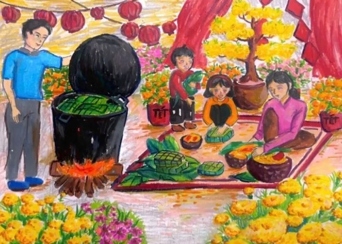 tranh vẽ gia đình xum vầy ngày tết