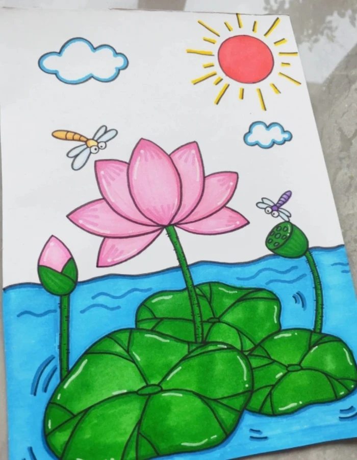 tranh vẽ hoa sen bố cục hài hòa