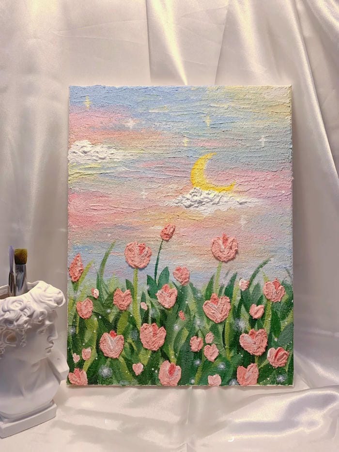 vẻ đẹp yên bình từ tranh vẽ vườn hoa tulip