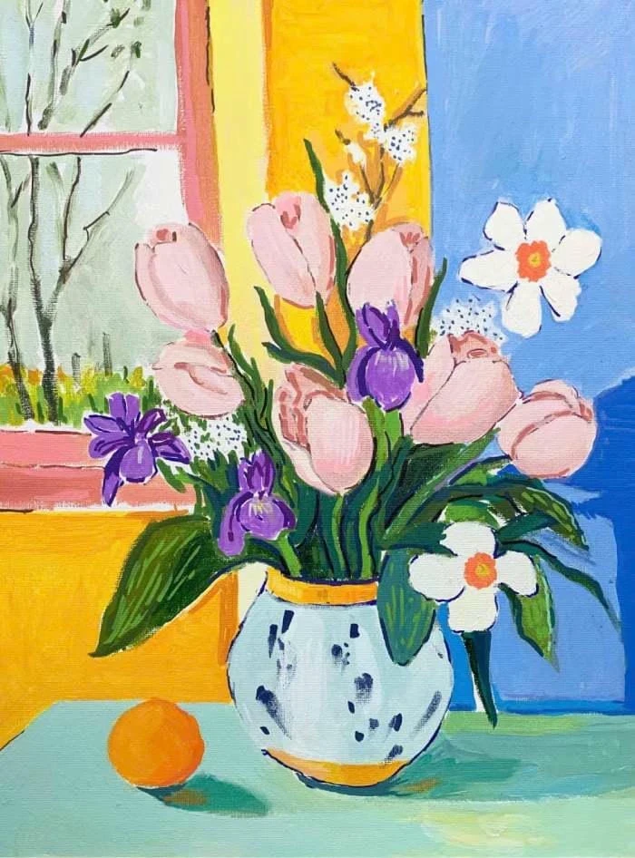 vẽ tranh tĩnh vật hoa tulip ánh sáng dịu
