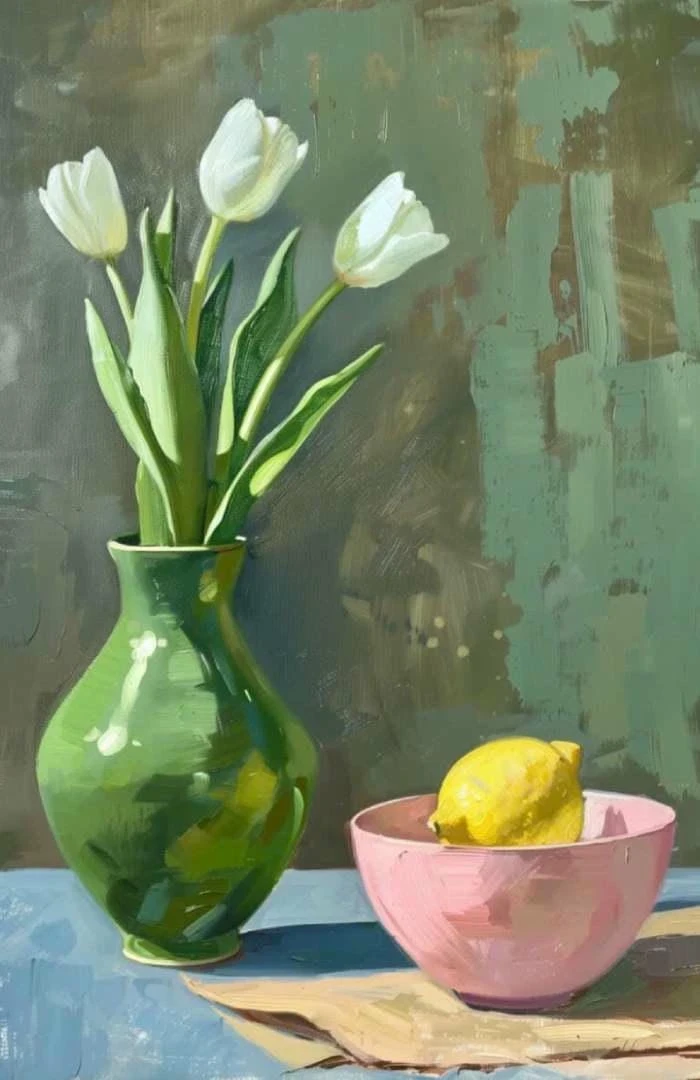 vẽ tranh tĩnh vật hoa tulip trong lọ thủy tinh