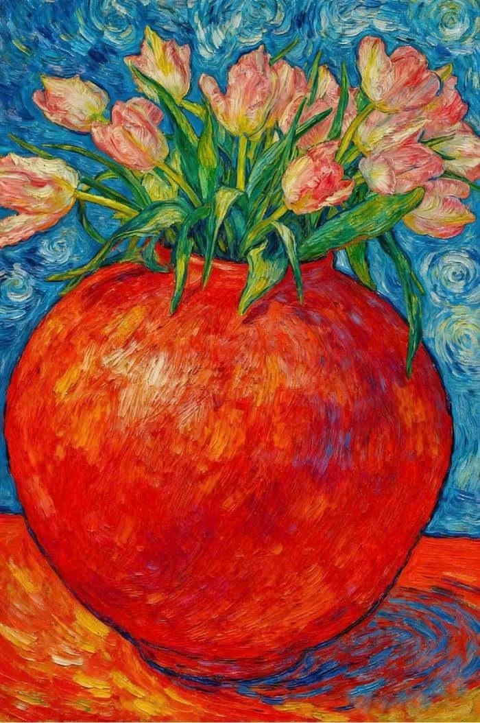 vẽ tranh tĩnh vật hoa tulip với bình gốm nhỏ