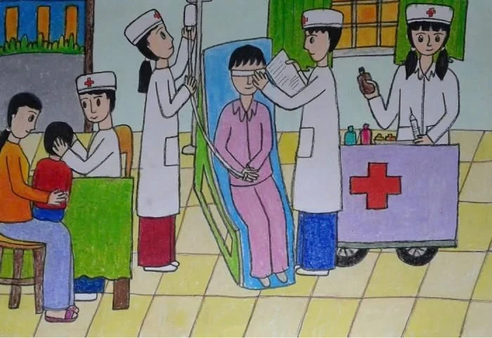 vẽ tranh vẽ nghề nghiệp bác sĩ trong môi trường y tế