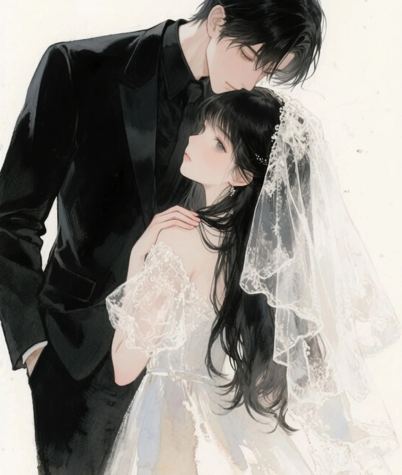 Ảnh cô dâu chú rể anime đáng yêu trong trẻo hạnh phúc