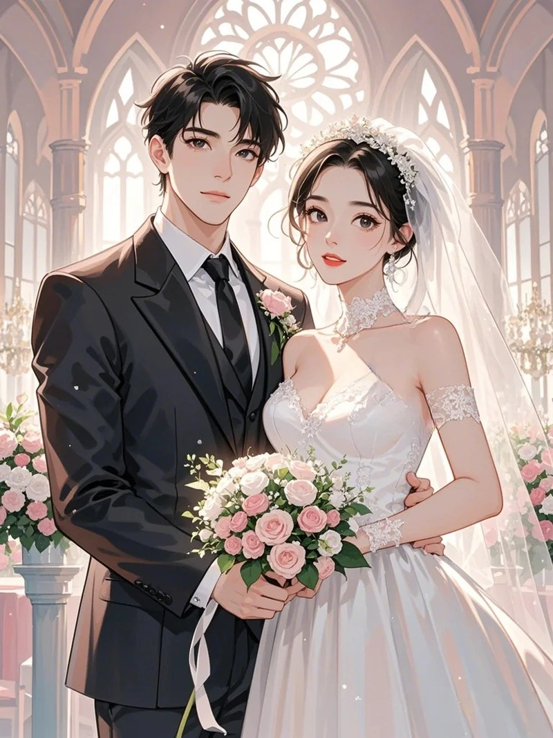 Hình cô dâu chú rể anime thanh lịch tinh khôi rạng rỡ