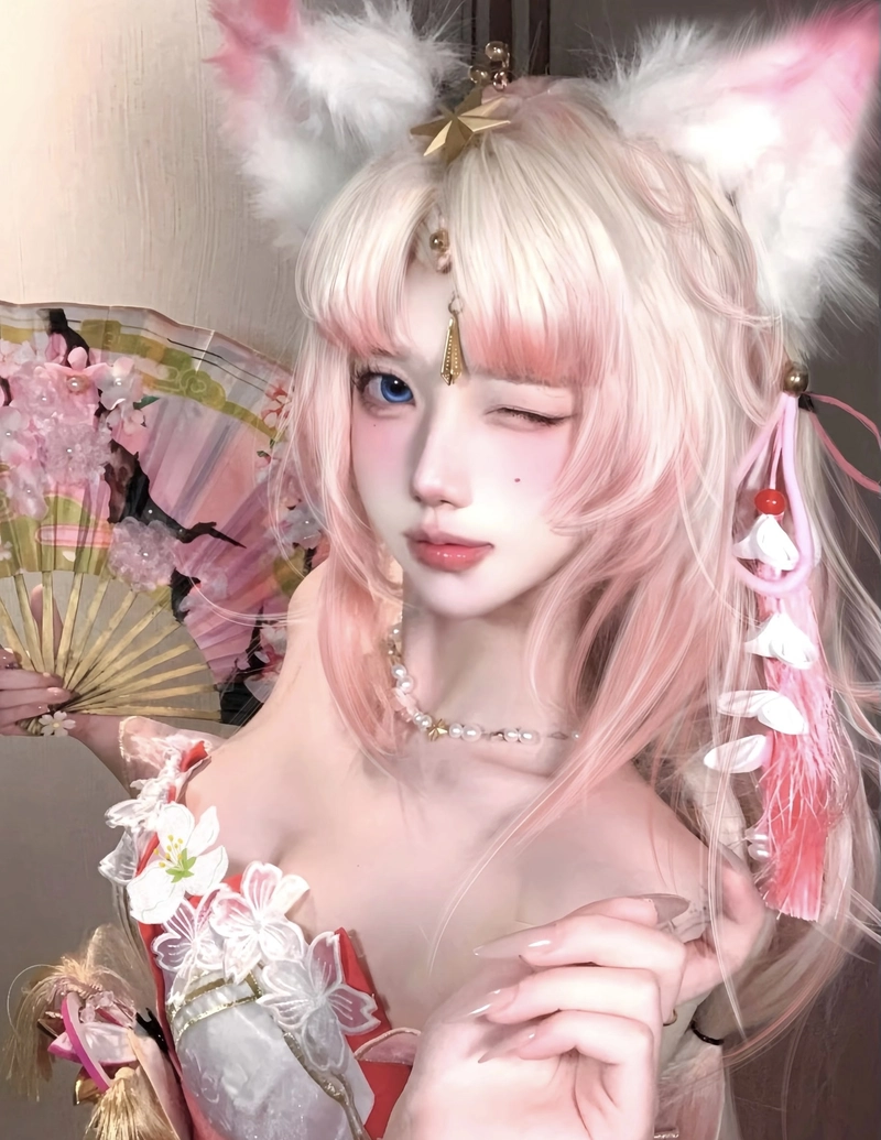 Hình dáng đứng cổ trang cosplay nổi bật giữa nền sáng nhẹ