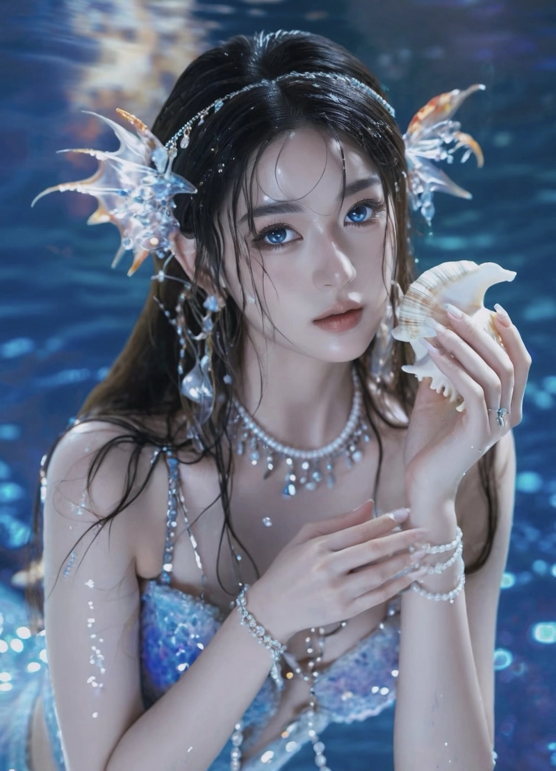 Hình dáng ngồi nàng tiên cá cosplay bên nền nước xanh