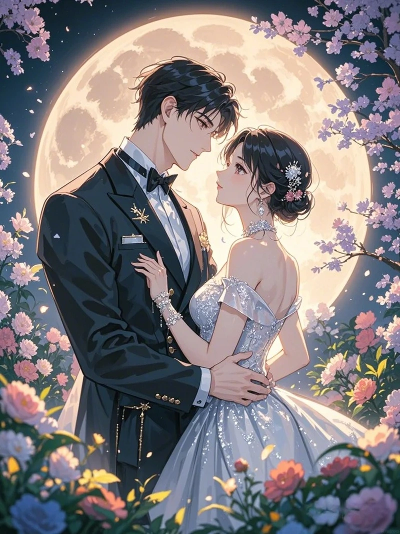 ảnh anime cô dâu chú rể giữa biển hoa rực rỡ