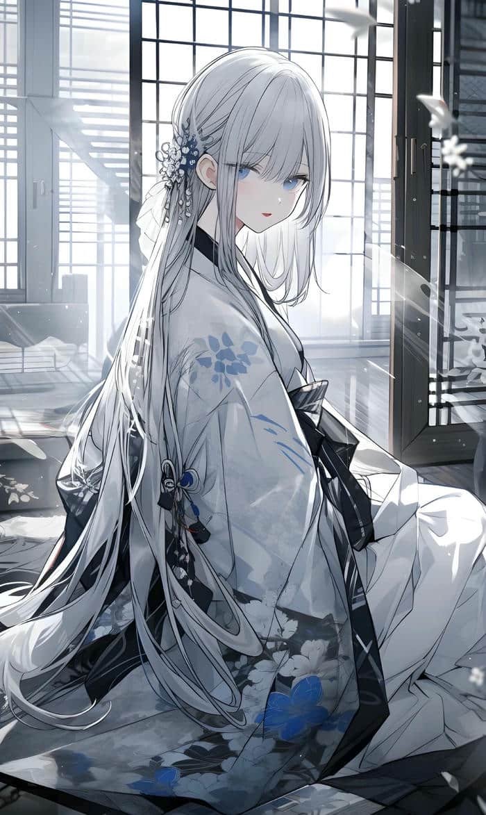 ảnh anime girl tóc trắng ánh sáng dịu