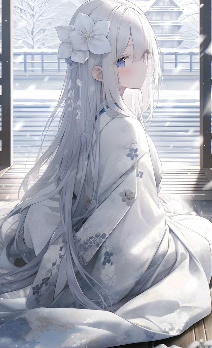 ảnh anime girl tóc trắng dáng đứng nghiêng