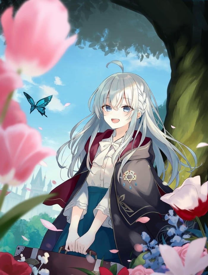 ảnh anime girl tóc trắng dưới gốc cây